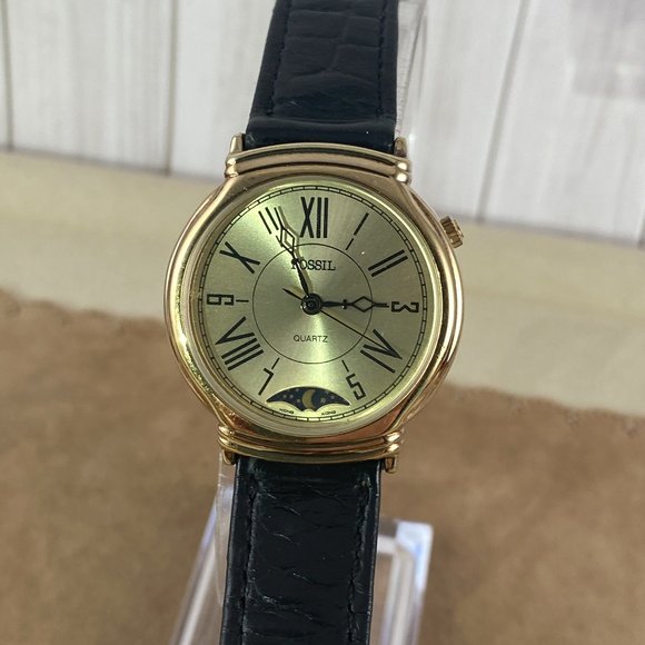 Vintage Rare Very Early Fossil MOON PHASE Gold and Stainless Steel Watch - Picture 3 of 10
